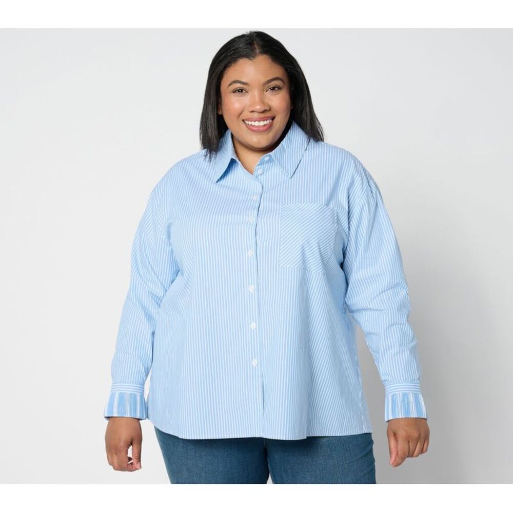 Women Control Women's Top Petite 1XP Woven Button Front Shirt w Blue